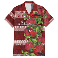 Hawaii Christmas Mele Kalikimaka Family Matching Off Shoulder Maxi Dress and Hawaiian Shirt I'iwi Bird on Ohia Lehua LT7 Dad's Shirt - Short Sleeve Red White - Polynesian Pride