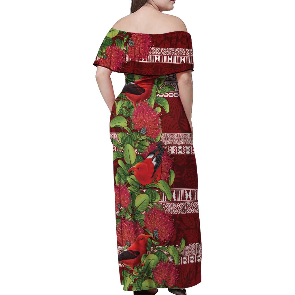 Hawaii Christmas Mele Kalikimaka Family Matching Off Shoulder Maxi Dress and Hawaiian Shirt I'iwi Bird on Ohia Lehua LT7 - Polynesian Pride
