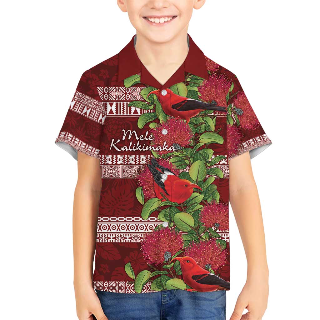 Hawaii Christmas Mele Kalikimaka Family Matching Off Shoulder Maxi Dress and Hawaiian Shirt I'iwi Bird on Ohia Lehua LT7 Son's Shirt Red White - Polynesian Pride