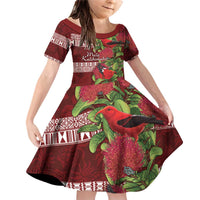 Hawaii Christmas Mele Kalikimaka Family Matching Off Shoulder Short Dress and Hawaiian Shirt I'iwi Bird on Ohia Lehua LT7 Daughter's Dress Red White - Polynesian Pride
