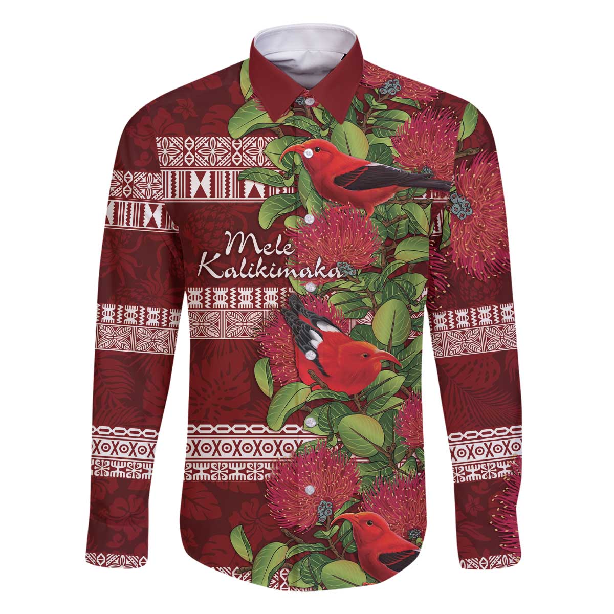 Hawaii Christmas Mele Kalikimaka Family Matching Off Shoulder Short Dress and Hawaiian Shirt I'iwi Bird on Ohia Lehua LT7 Dad's Shirt - Long Sleeve Red White - Polynesian Pride