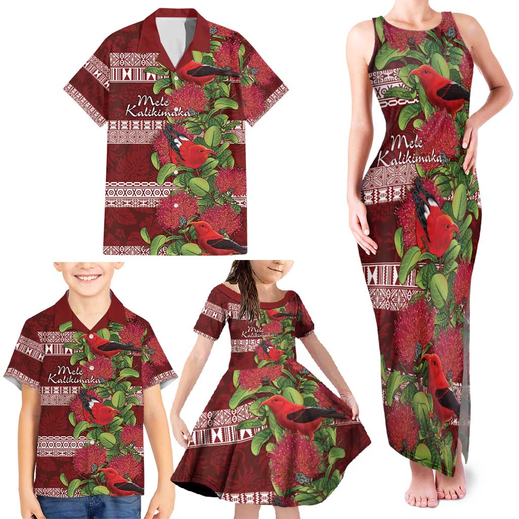 Hawaii Christmas Mele Kalikimaka Family Matching Tank Maxi Dress and Hawaiian Shirt I'iwi Bird on Ohia Lehua