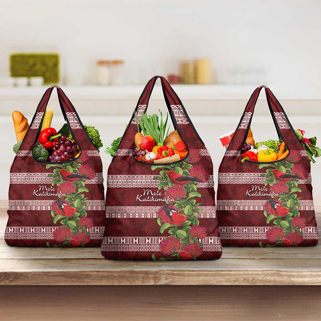 Hawaii Christmas Mele Kalikimaka Grocery Bag I'iwi Bird on Ohia Lehua LT7 3-pack One Size Red White - Polynesian Pride