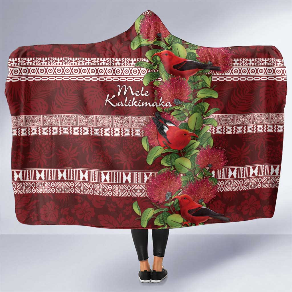 Hawaii Christmas Mele Kalikimaka Hooded Blanket I'iwi Bird on Ohia Lehua