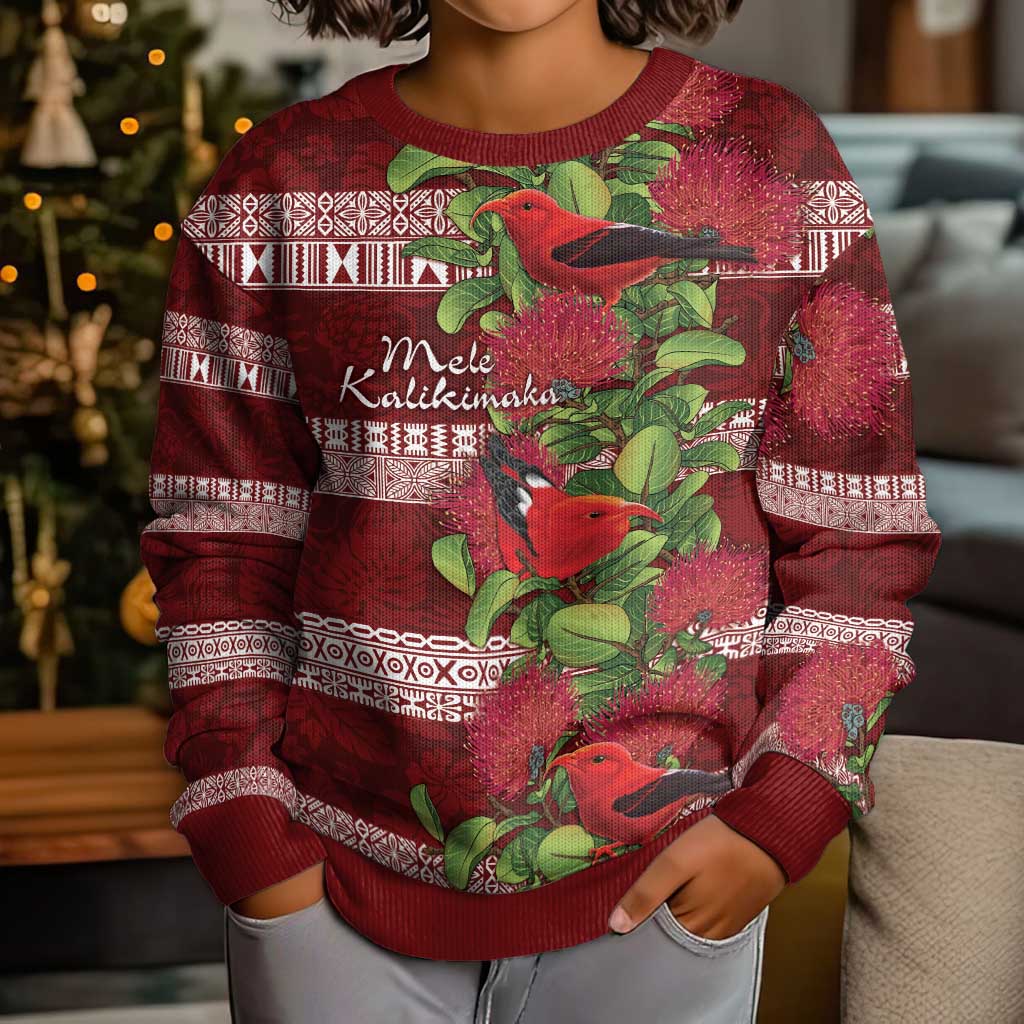 Hawaii Christmas Mele Kalikimaka Kid Ugly Christmas Sweater I'iwi Bird on Ohia Lehua