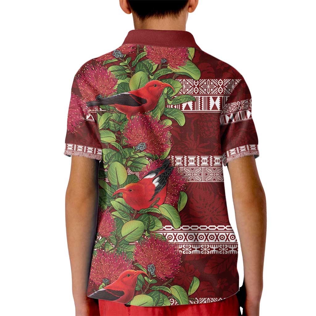 Hawaii Christmas Mele Kalikimaka Kid Polo Shirt I'iwi Bird on Ohia Lehua