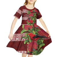 Hawaii Christmas Mele Kalikimaka Kid Short Sleeve Dress I'iwi Bird on Ohia Lehua