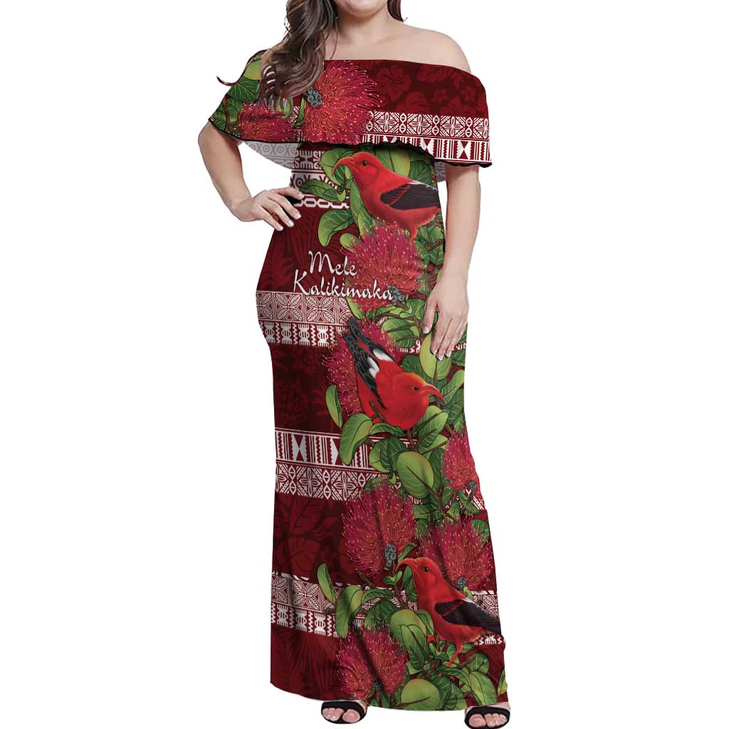 Hawaii Christmas Mele Kalikimaka Off Shoulder Maxi Dress I'iwi Bird on Ohia Lehua