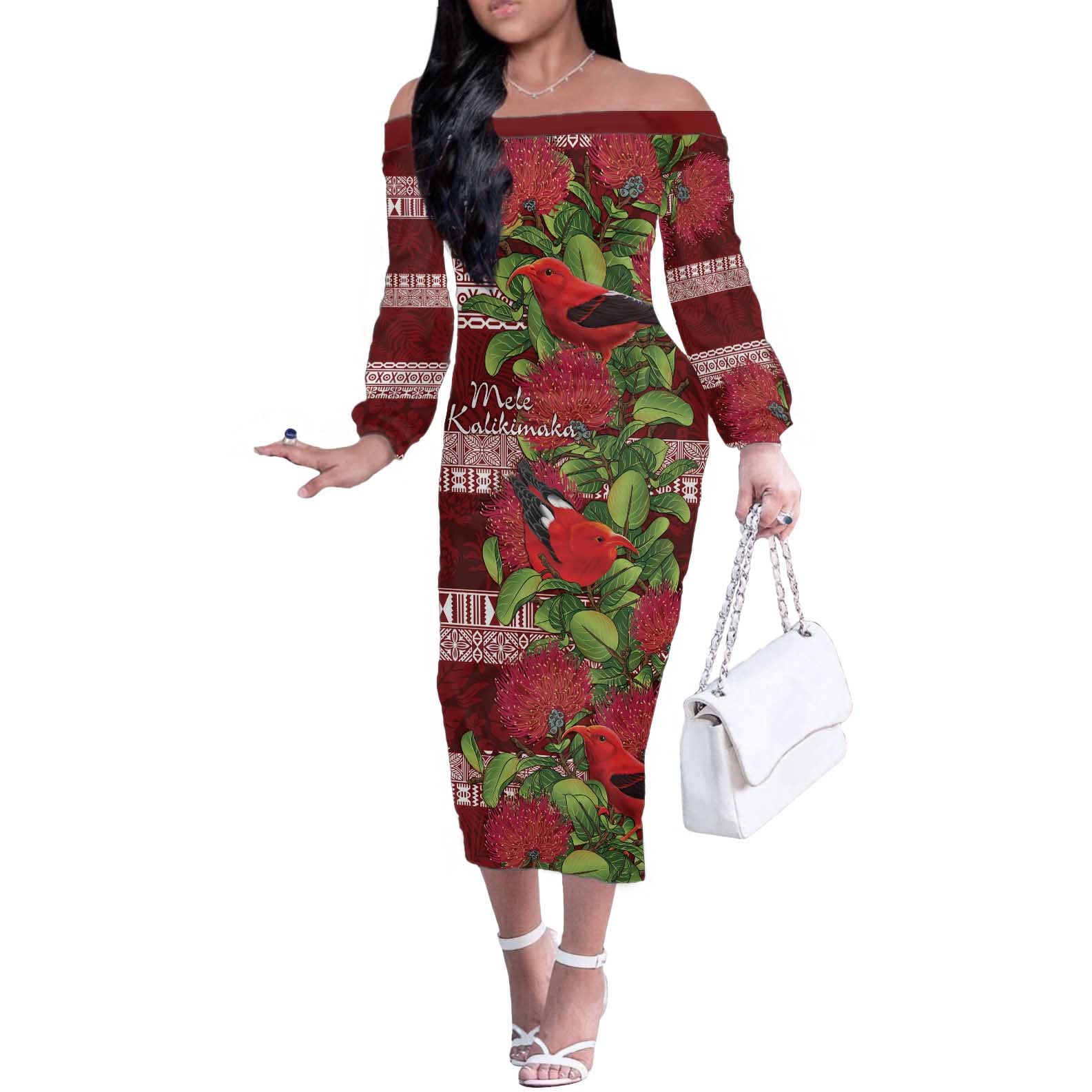 Hawaii Christmas Mele Kalikimaka Off The Shoulder Long Sleeve Dress I'iwi Bird on Ohia Lehua