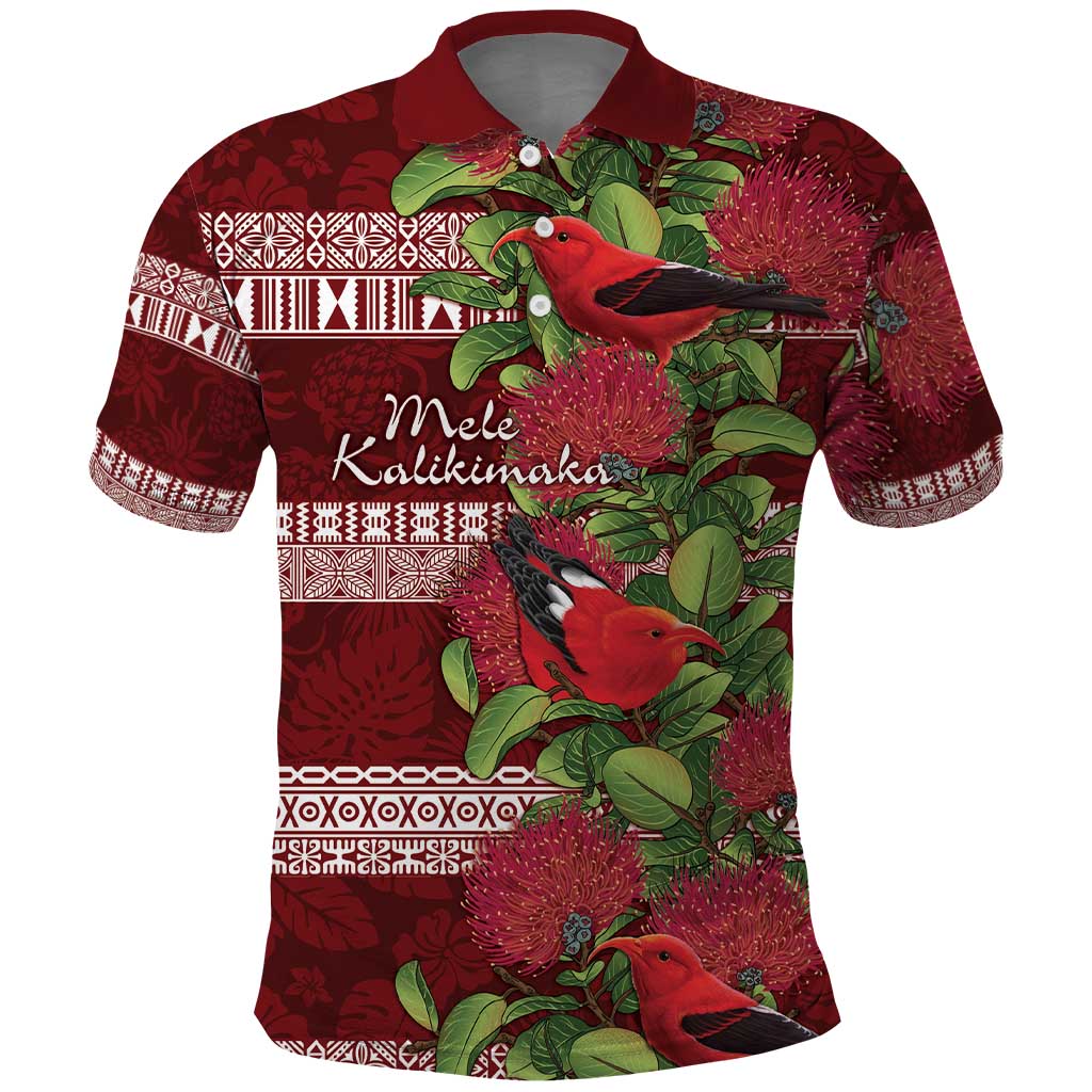 Hawaii Christmas Mele Kalikimaka Polo Shirt I'iwi Bird on Ohia Lehua