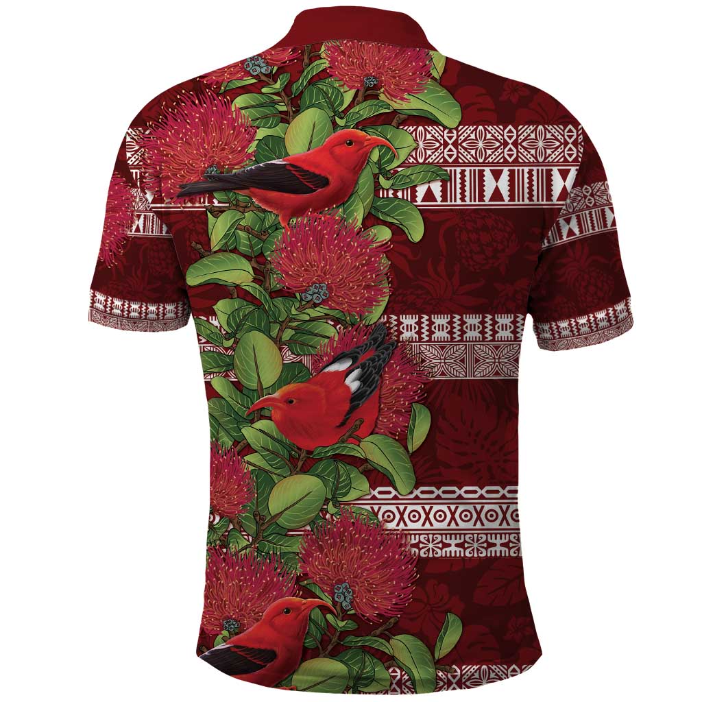 Hawaii Christmas Mele Kalikimaka Polo Shirt I'iwi Bird on Ohia Lehua