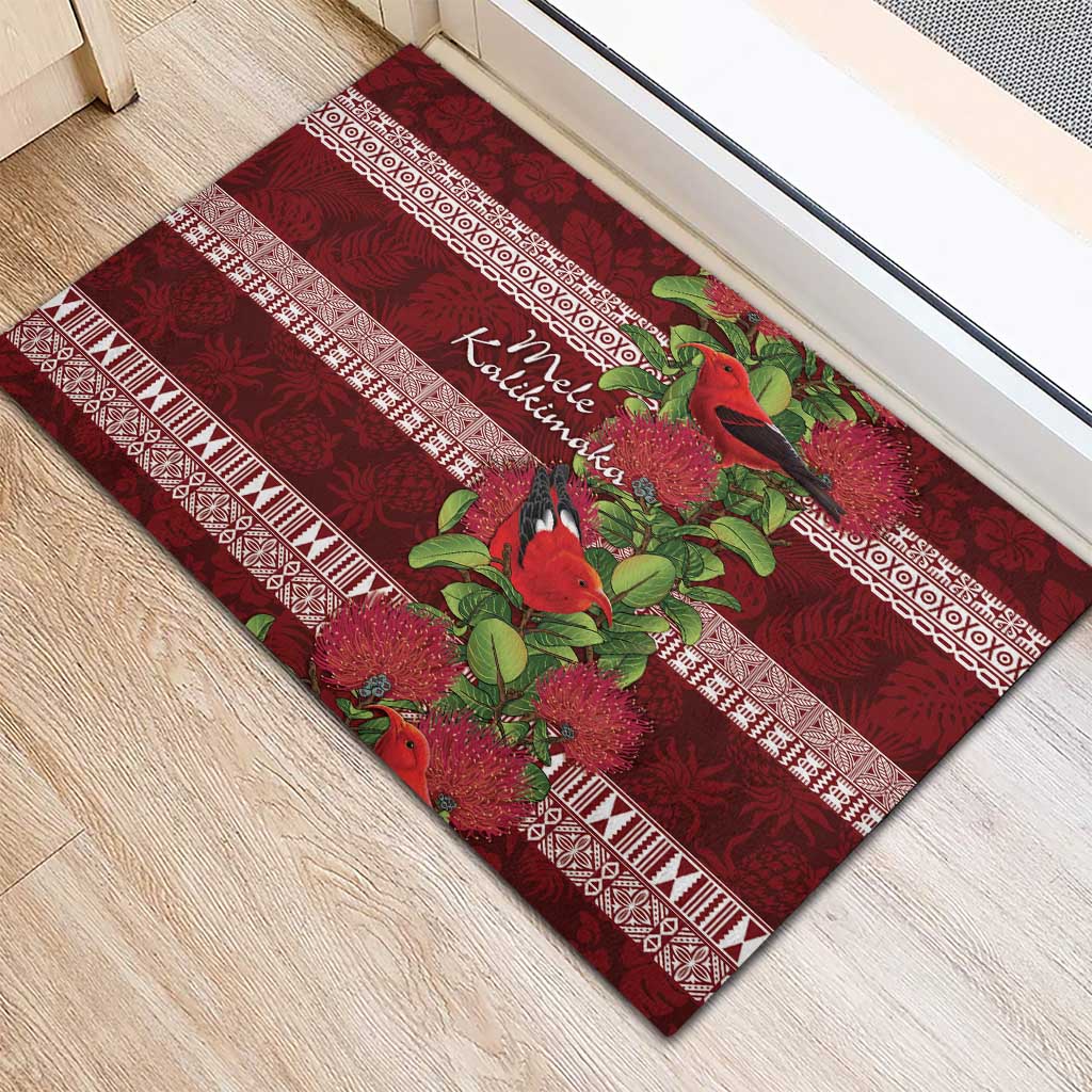 Hawaii Christmas Mele Kalikimaka Rubber Doormat I'iwi Bird on Ohia Lehua