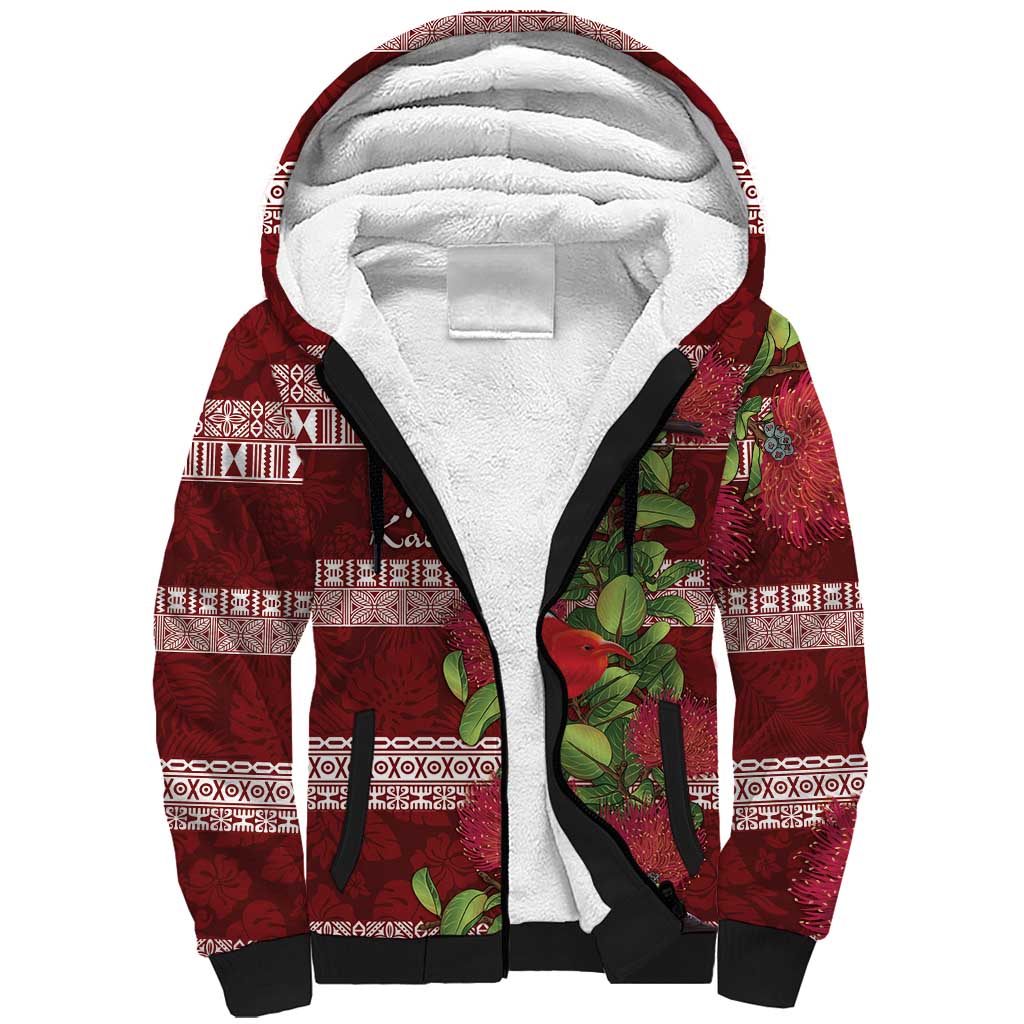 Hawaii Christmas Mele Kalikimaka Sherpa Hoodie I'iwi Bird on Ohia Lehua