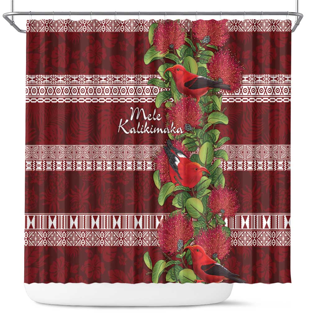 Hawaii Christmas Mele Kalikimaka Shower Curtain I'iwi Bird on Ohia Lehua