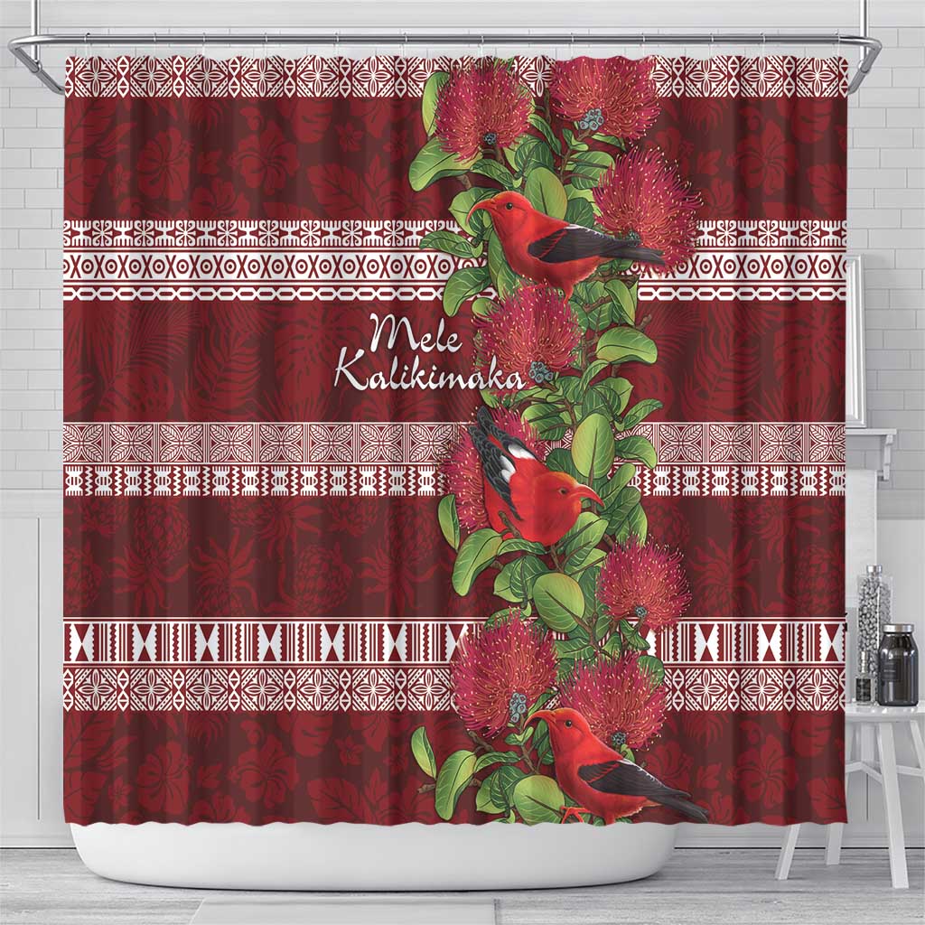Hawaii Christmas Mele Kalikimaka Shower Curtain I'iwi Bird on Ohia Lehua