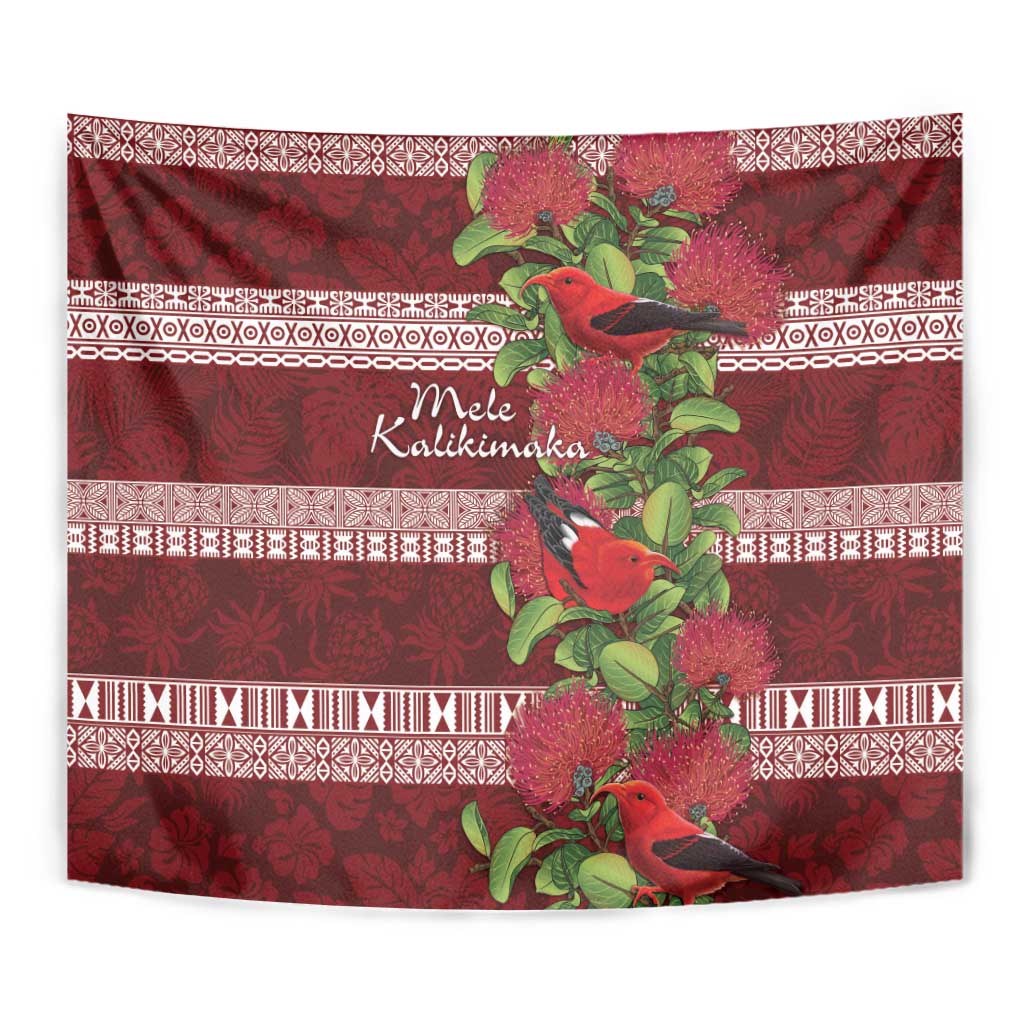 Hawaii Christmas Mele Kalikimaka Tapestry I'iwi Bird on Ohia Lehua