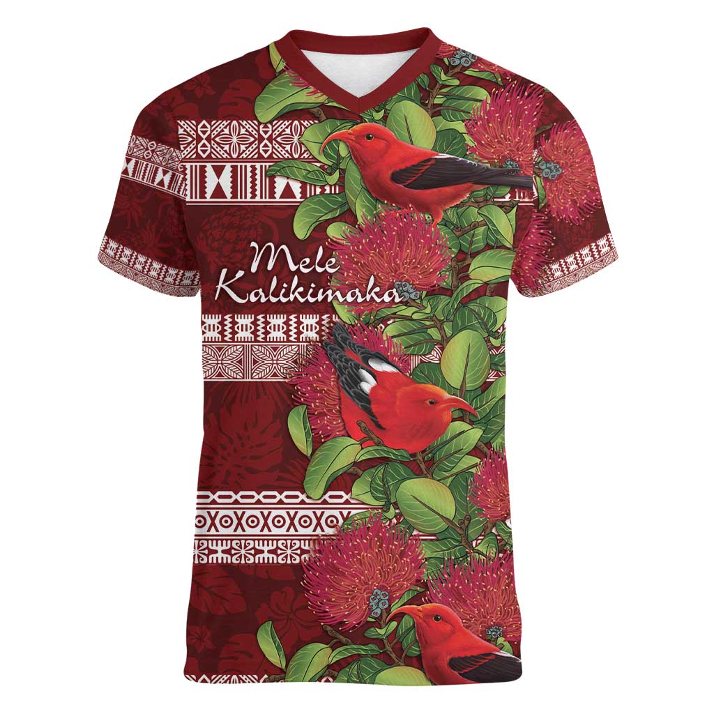 Hawaii Christmas Mele Kalikimaka Women V-Neck T-Shirt I'iwi Bird on Ohia Lehua