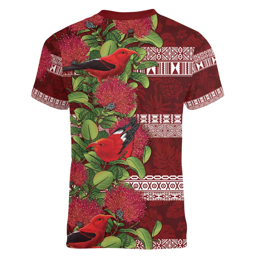 Hawaii Christmas Mele Kalikimaka Women V-Neck T-Shirt I'iwi Bird on Ohia Lehua