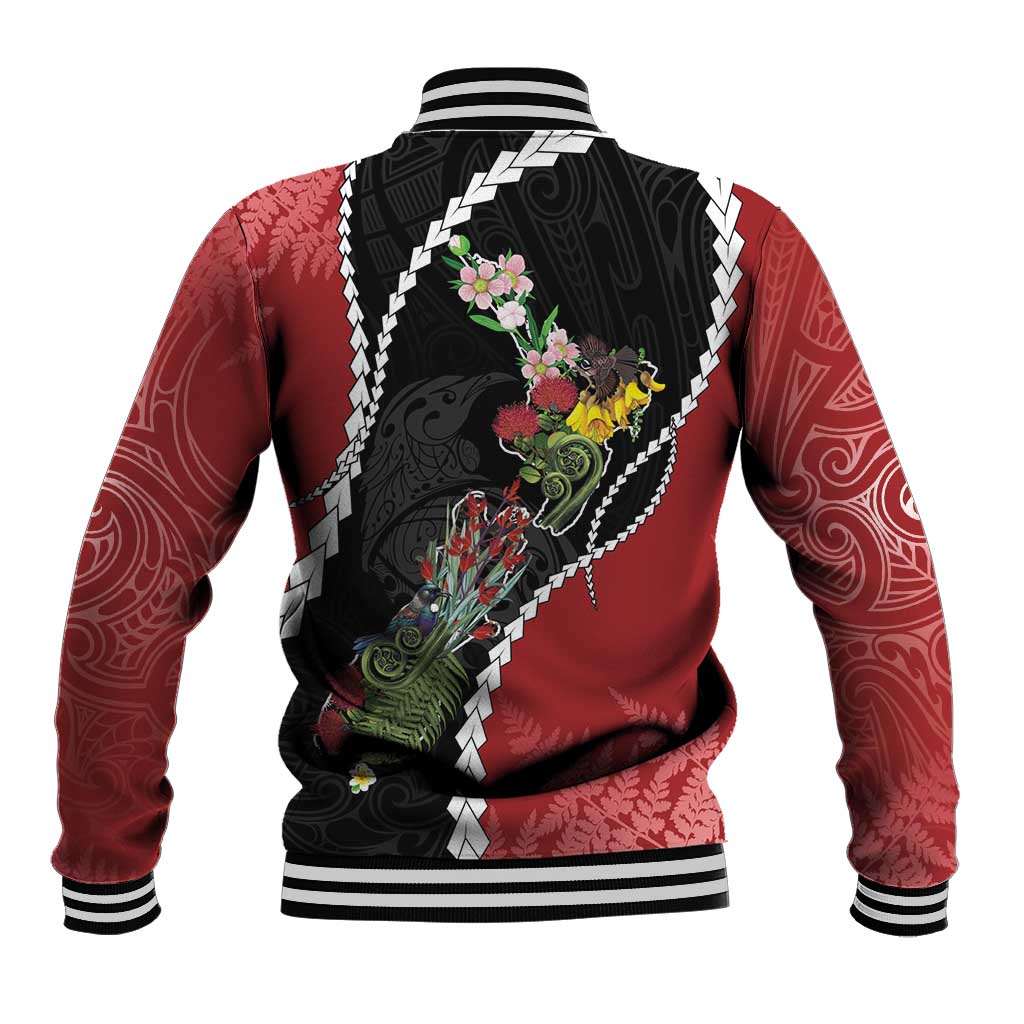 New Zealand Christmas Baseball Jacket Flora Map with Birds - Polynesian Pride