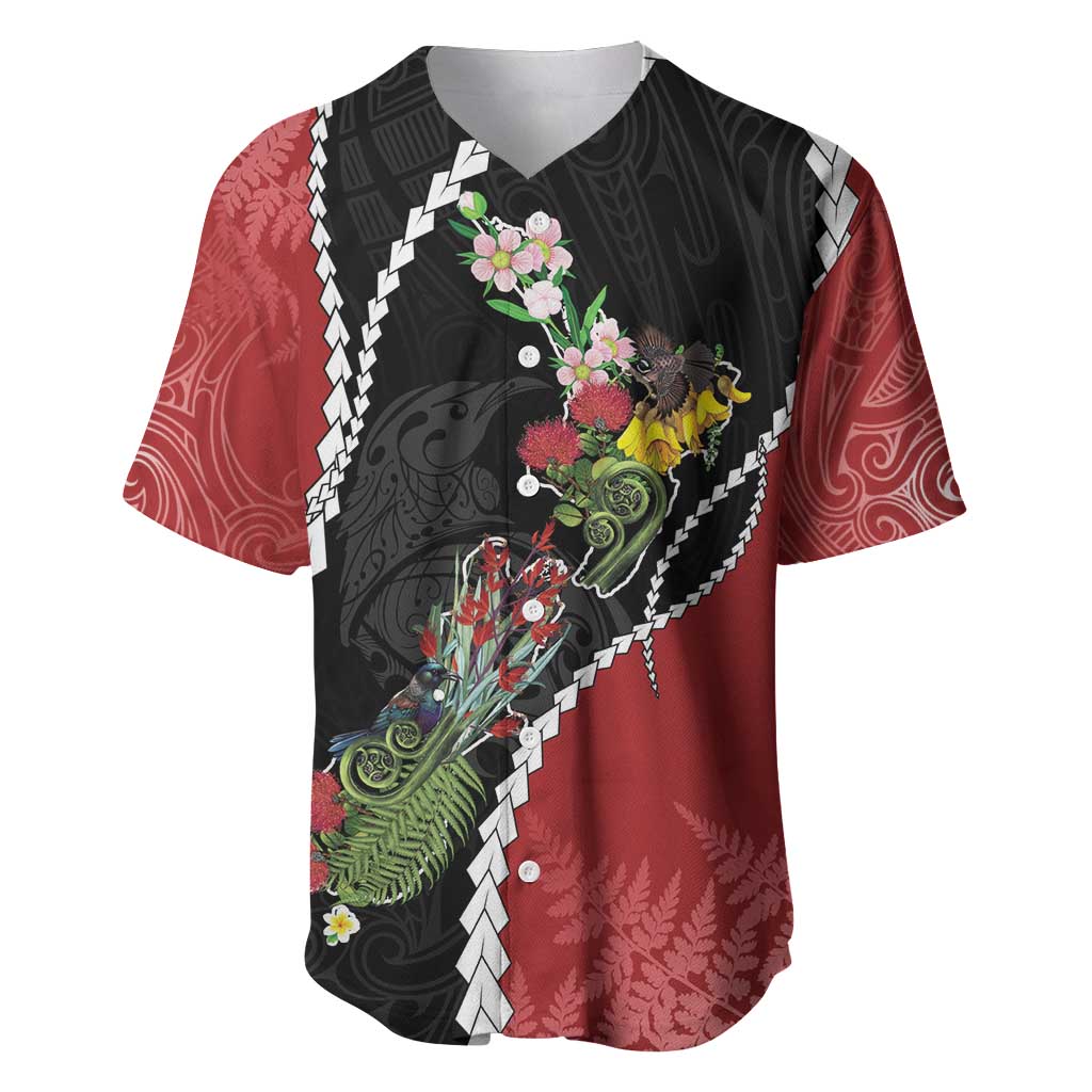 New Zealand Christmas Baseball Jersey Flora Map with Birds LT7 Black - Polynesian Pride