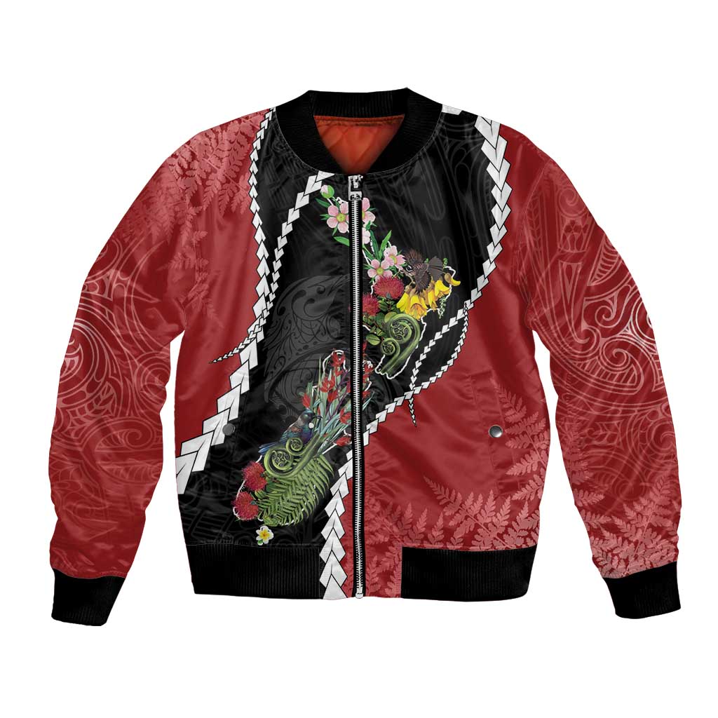New Zealand Christmas Bomber Jacket Flora Map with Birds LT7 Unisex Black - Polynesian Pride