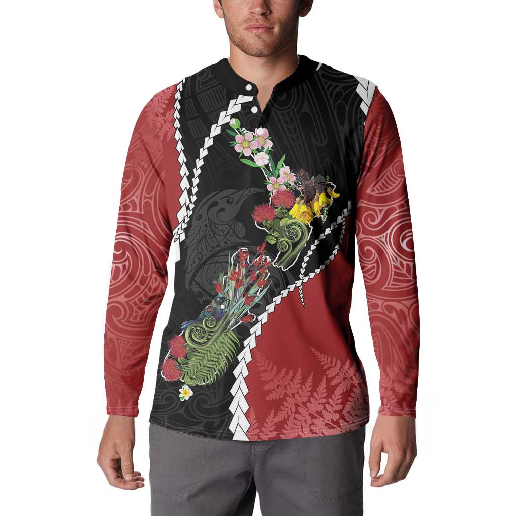 New Zealand Christmas Button Sweatshirt Flora Map with Birds - Polynesian Pride