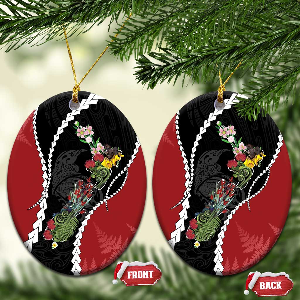 New Zealand Christmas Ceramic Ornament Flora Map with Birds LT7 Oval Black - Polynesian Pride