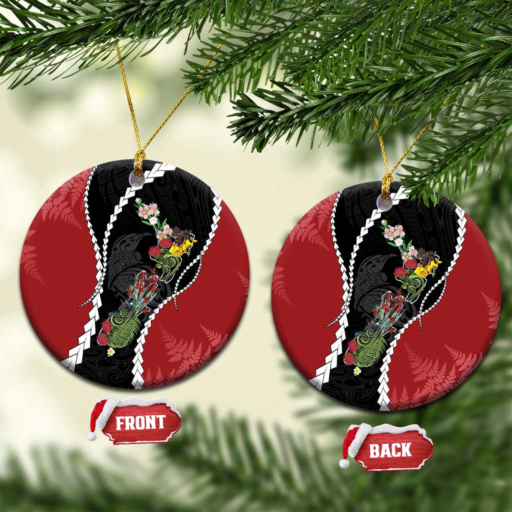 New Zealand Christmas Ceramic Ornament Flora Map with Birds LT7 Circle Black - Polynesian Pride