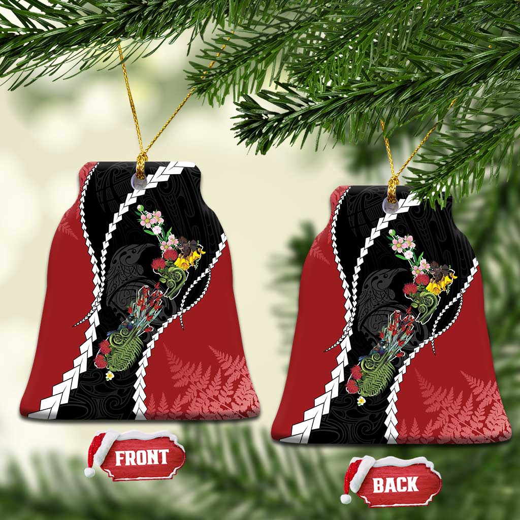 New Zealand Christmas Ceramic Ornament Flora Map with Birds LT7 Bell Flake Black - Polynesian Pride