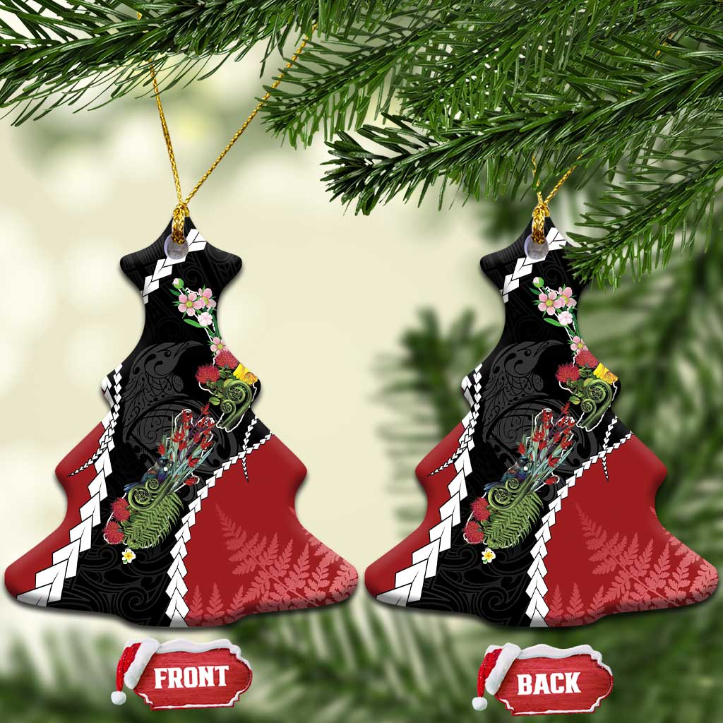New Zealand Christmas Ceramic Ornament Flora Map with Birds LT7 Christmas Tree Black - Polynesian Pride