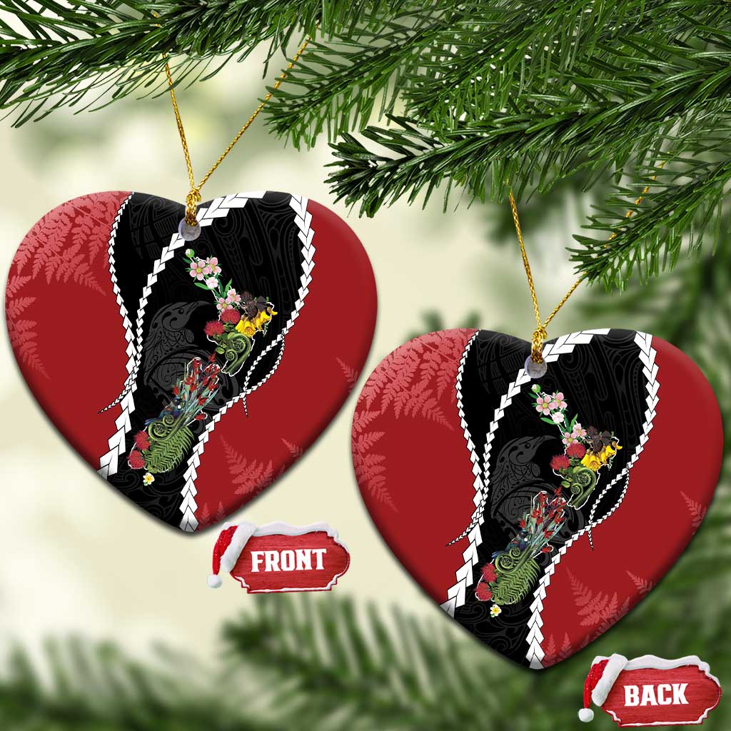 New Zealand Christmas Ceramic Ornament Flora Map with Birds LT7 Heart Black - Polynesian Pride