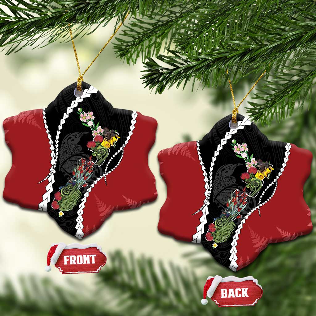 New Zealand Christmas Ceramic Ornament Flora Map with Birds LT7 Snow Flake Black - Polynesian Pride