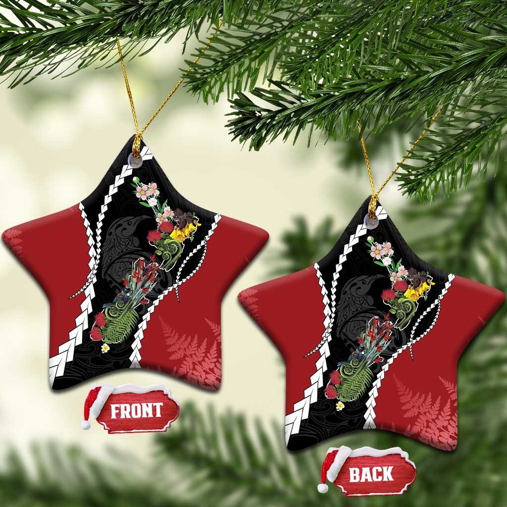 New Zealand Christmas Ceramic Ornament Flora Map with Birds LT7 Star Black - Polynesian Pride