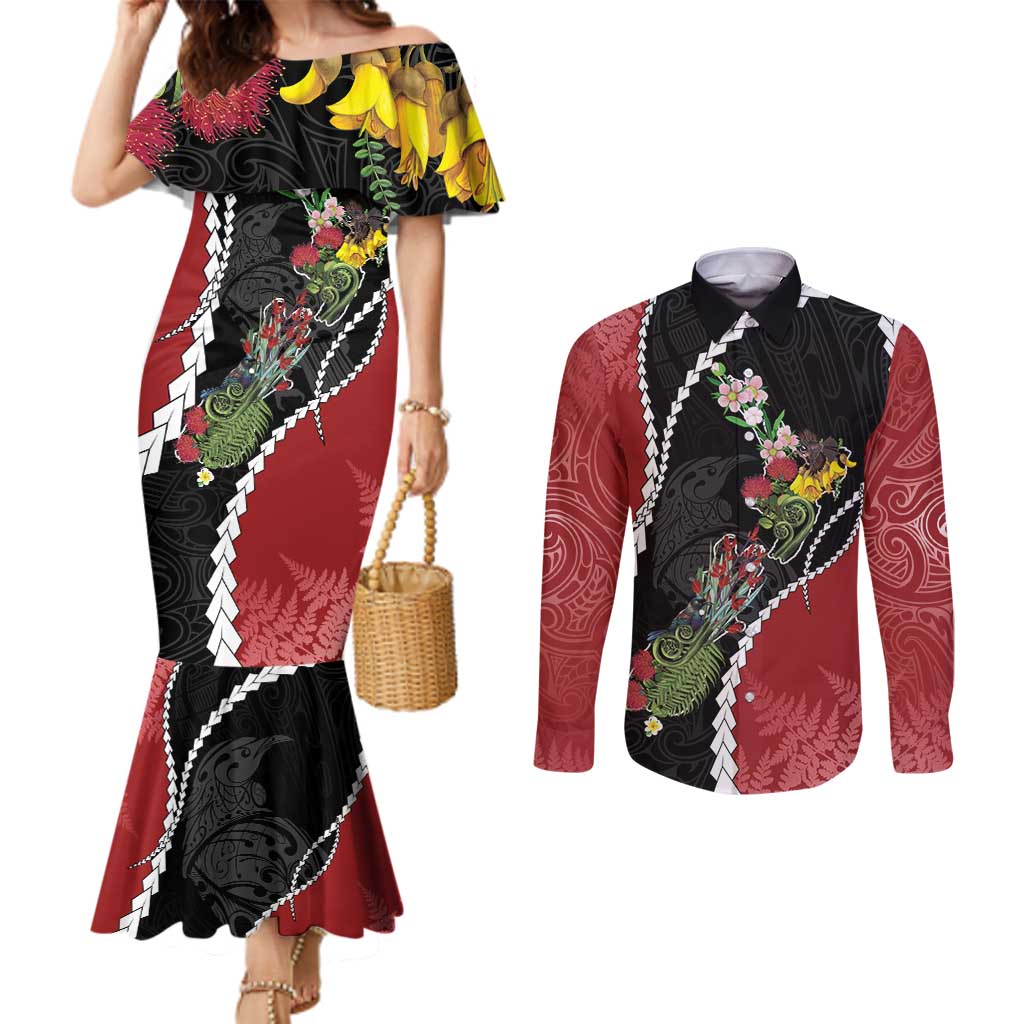 New Zealand Christmas Couples Matching Mermaid Dress and Long Sleeve Button Shirt Flora Map with Birds - Polynesian Pride