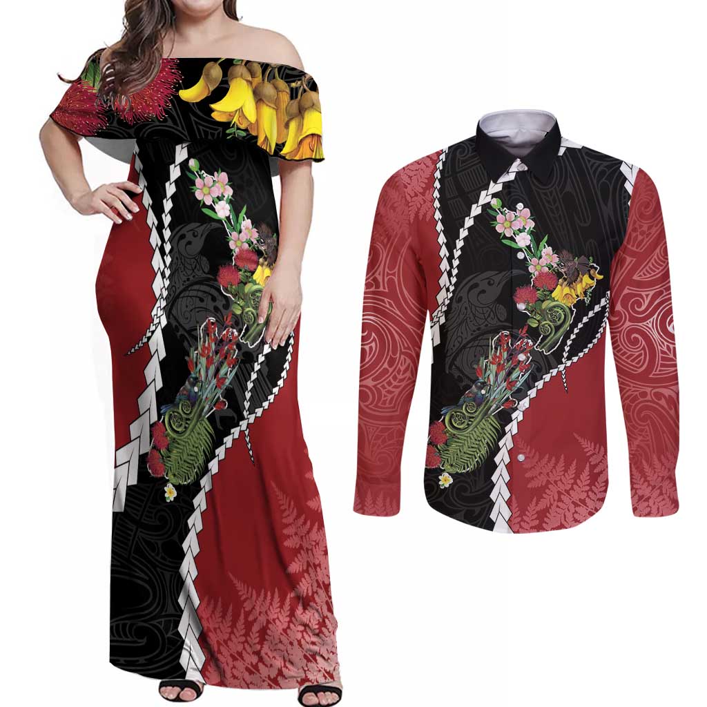 New Zealand Christmas Couples Matching Off Shoulder Maxi Dress and Long Sleeve Button Shirt Flora Map with Birds - Polynesian Pride