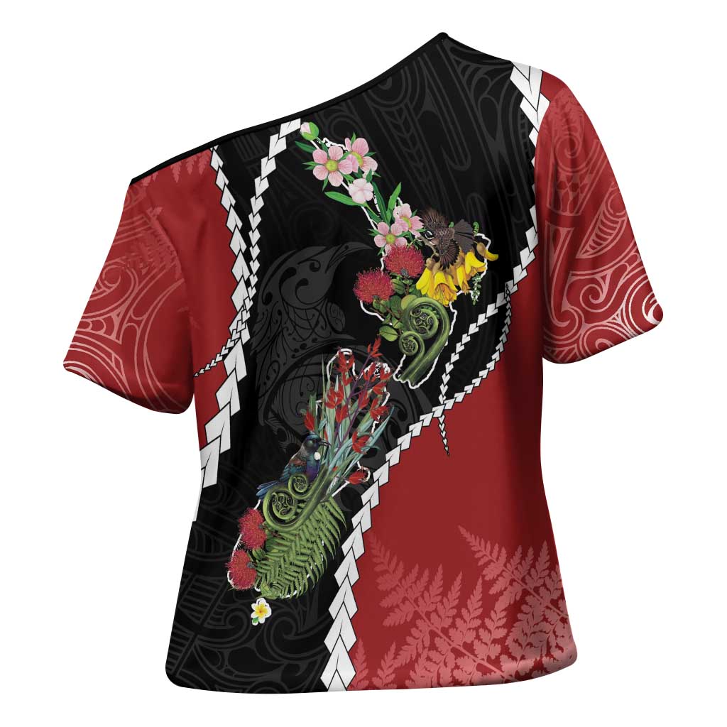 New Zealand Christmas Cross Shoulder Shirt Flora Map with Birds - Polynesian Pride