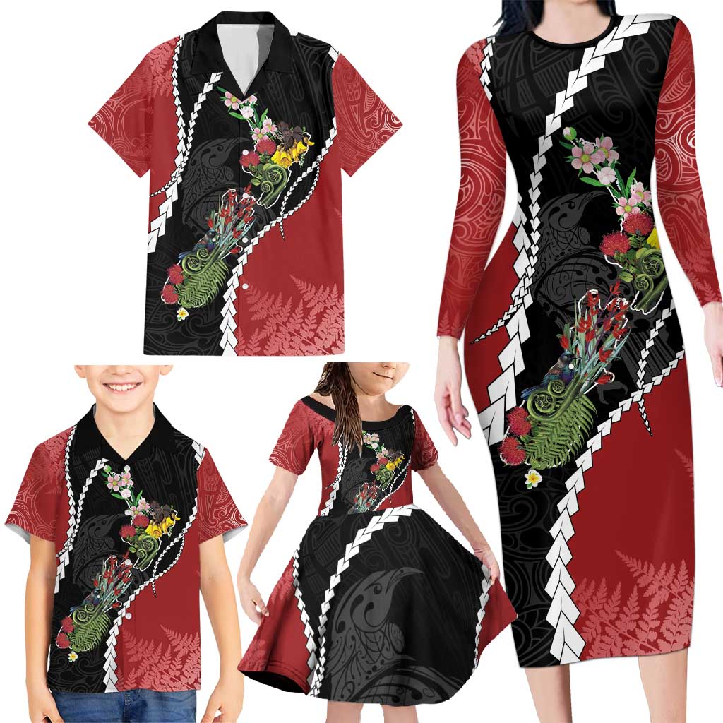 New Zealand Christmas Family Matching Long Sleeve Bodycon Dress and Hawaiian Shirt Flora Map with Birds - Polynesian Pride