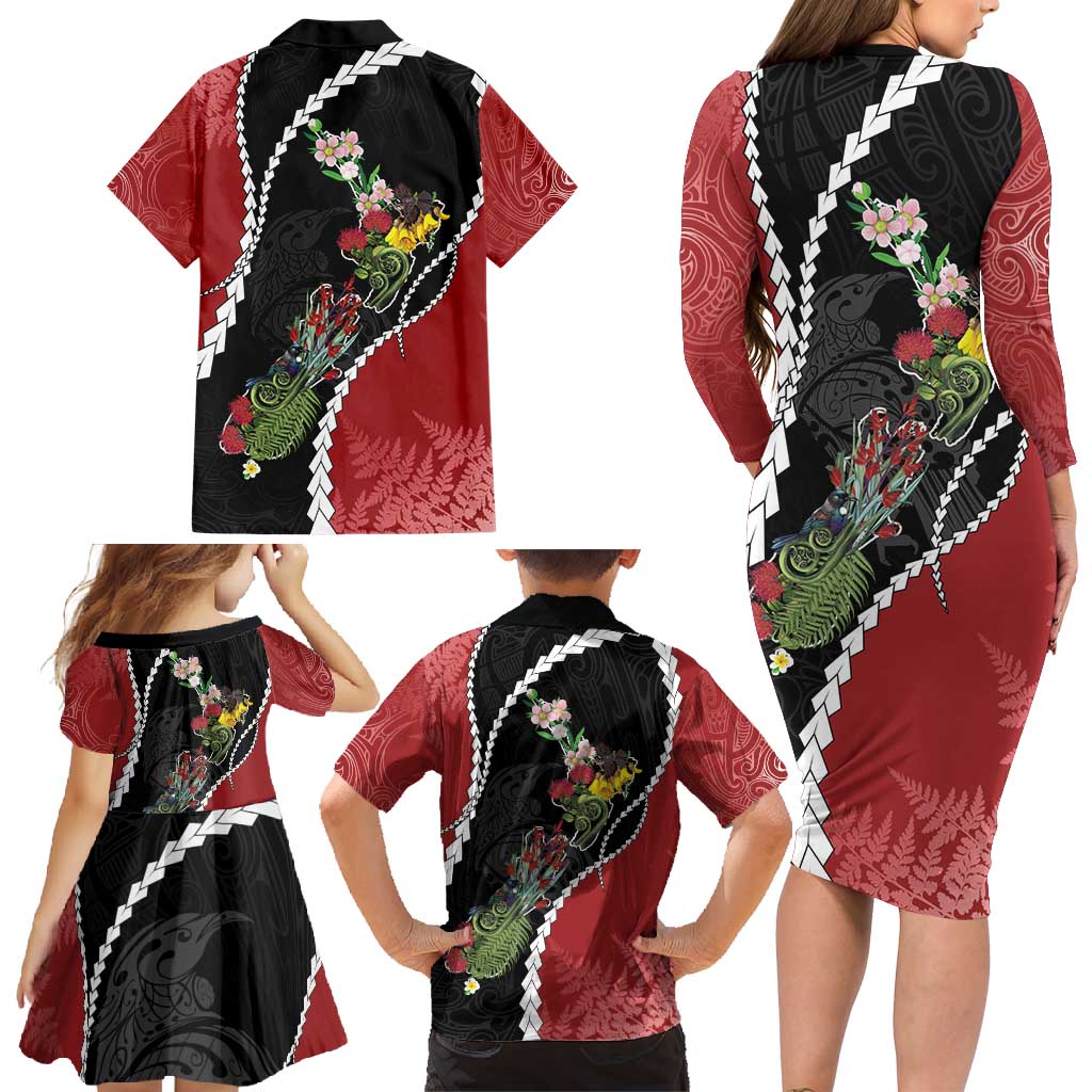 New Zealand Christmas Family Matching Long Sleeve Bodycon Dress and Hawaiian Shirt Flora Map with Birds - Polynesian Pride