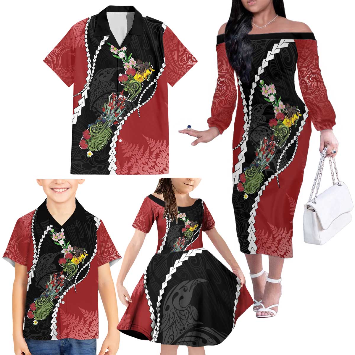 New Zealand Christmas Family Matching Off The Shoulder Long Sleeve Dress and Hawaiian Shirt Flora Map with Birds - Polynesian Pride