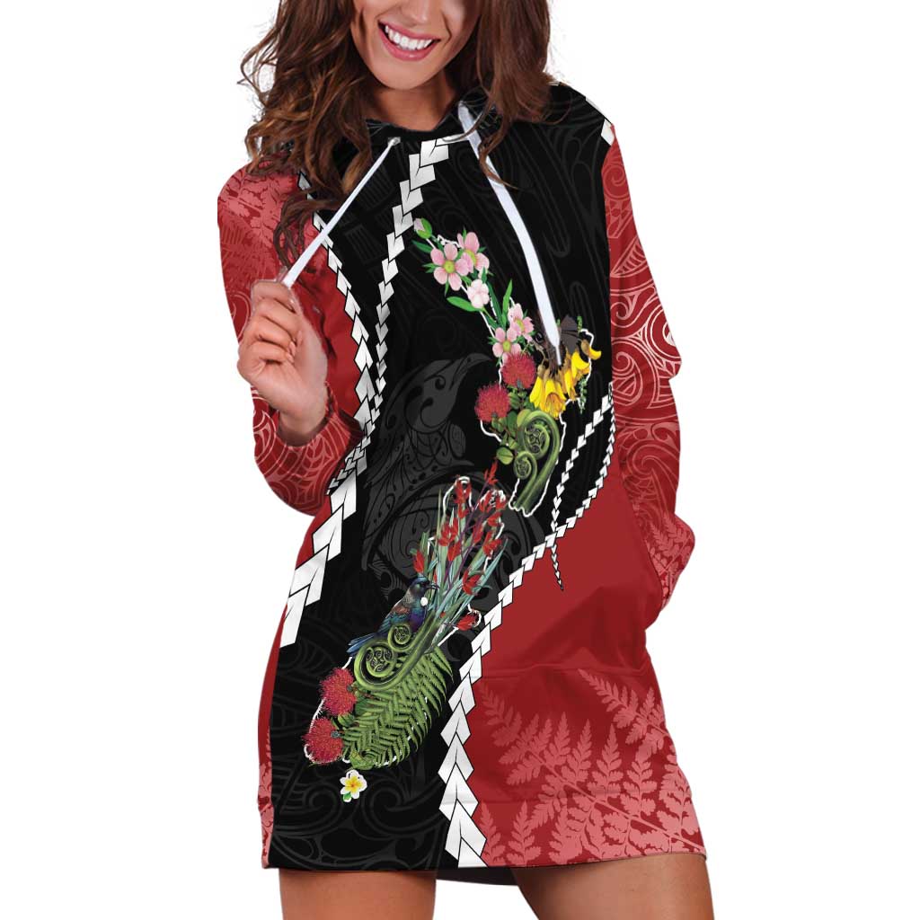 New Zealand Christmas Hoodie Dress Flora Map with Birds LT7 Black - Polynesian Pride