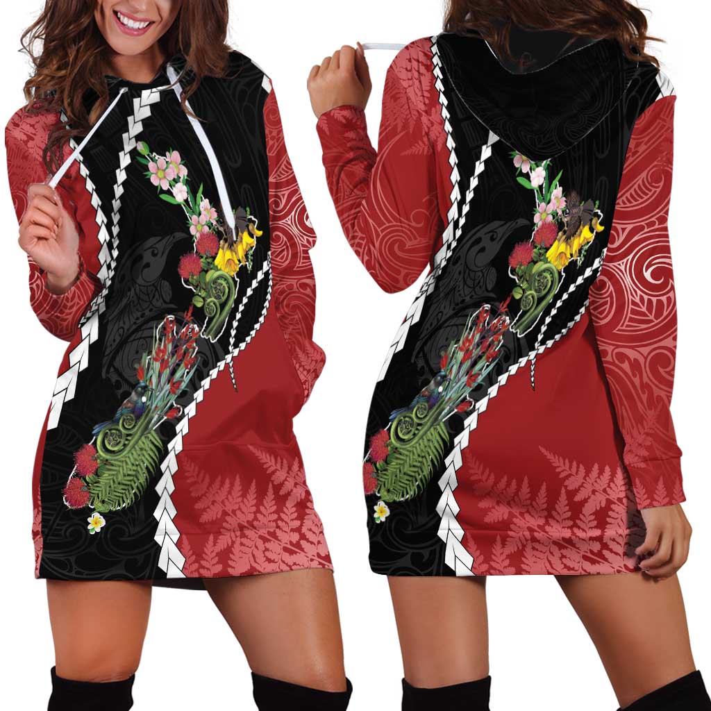 New Zealand Christmas Hoodie Dress Flora Map with Birds LT7 - Polynesian Pride