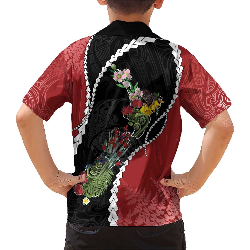 New Zealand Christmas Kid Hawaiian Shirt Flora Map with Birds - Polynesian Pride