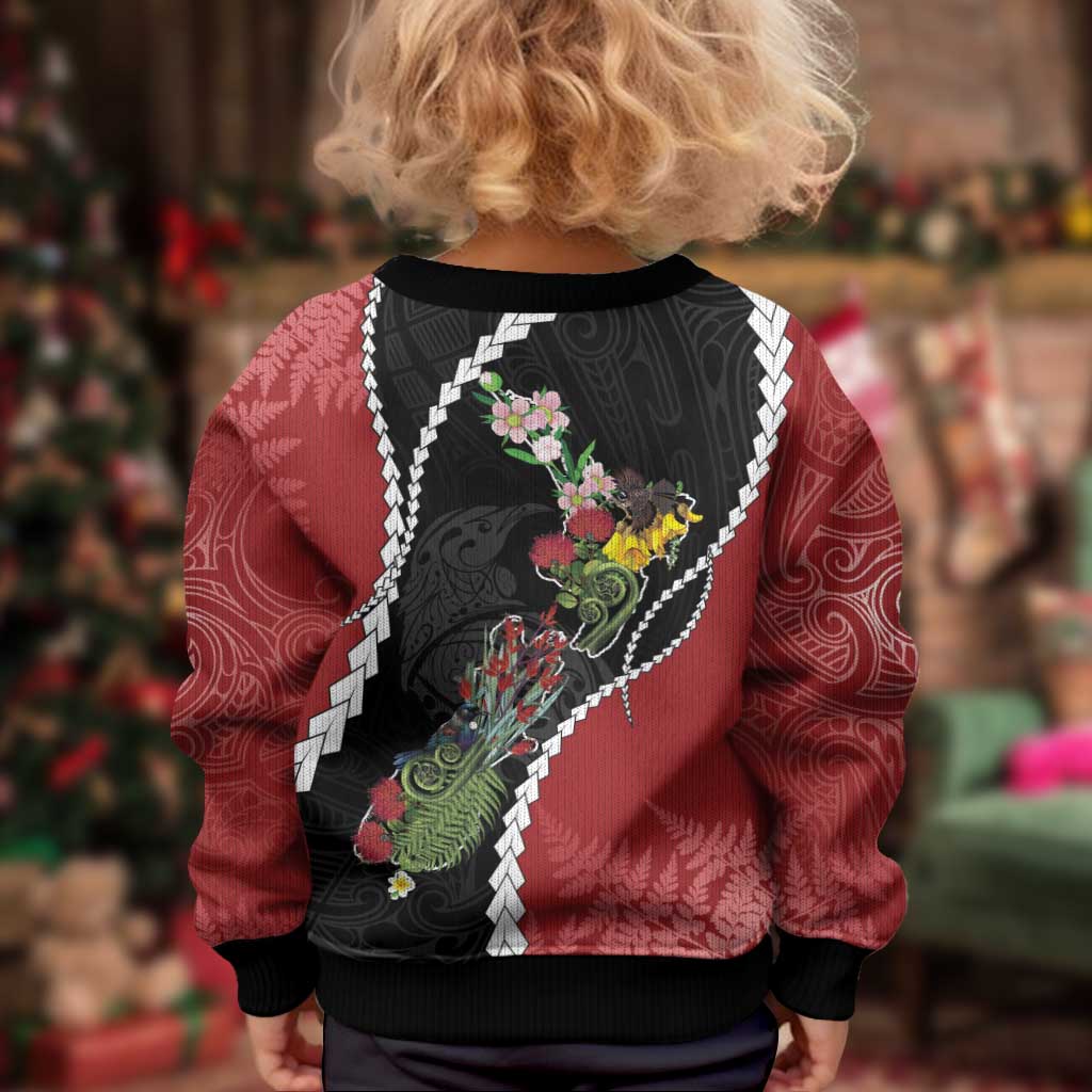 New Zealand Christmas Kid Ugly Christmas Sweater Flora Map with Birds - Polynesian Pride
