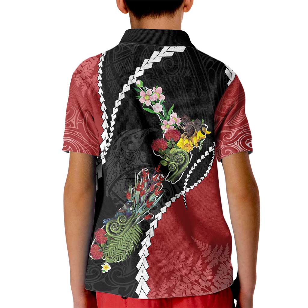 New Zealand Christmas Kid Polo Shirt Flora Map with Birds - Polynesian Pride
