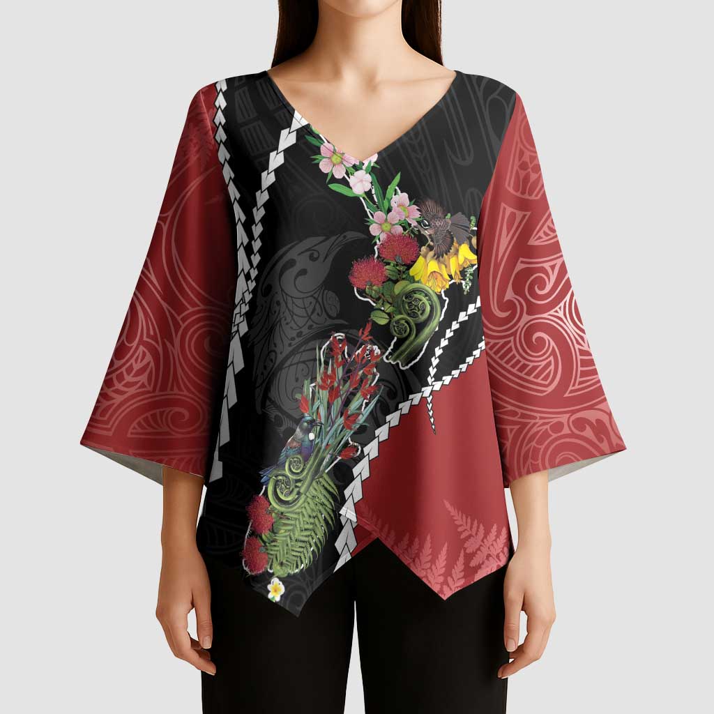 New Zealand Christmas Kimono Sleeve Blouse Flora Map with Birds - Polynesian Pride