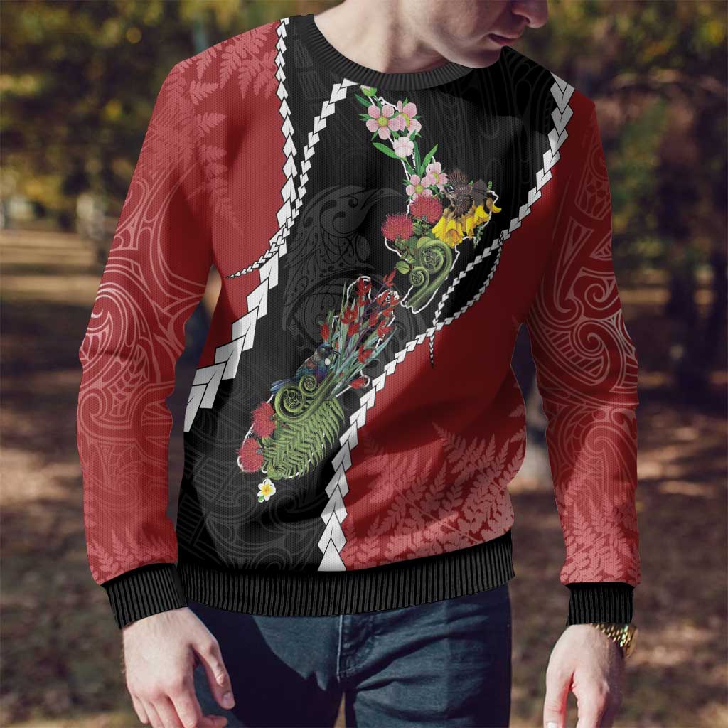 New Zealand Christmas Ugly Christmas Sweater Flora Map with Birds - Polynesian Pride