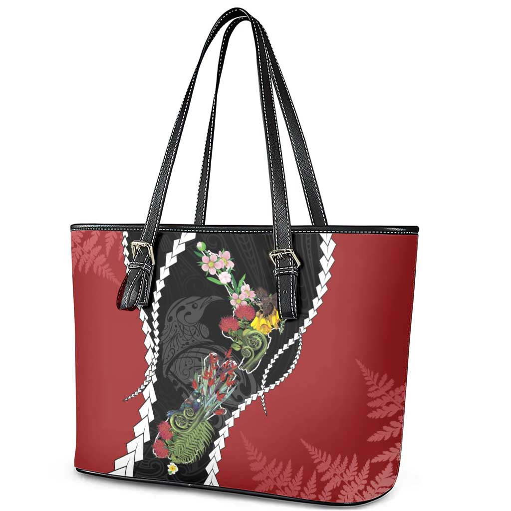 New Zealand Christmas Leather Tote Bag Flora Map with Birds - Polynesian Pride