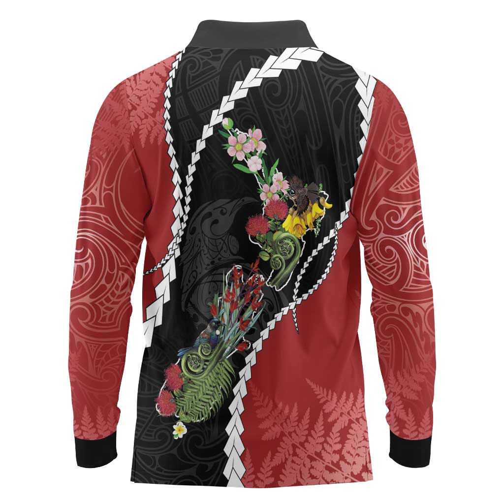 New Zealand Christmas Long Sleeve Polo Shirt Flora Map with Birds - Polynesian Pride
