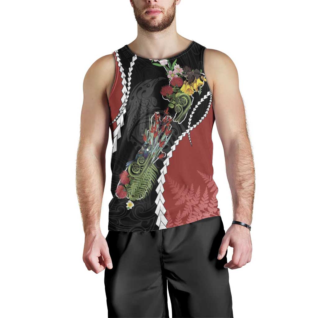 New Zealand Christmas Men Tank Top Flora Map with Birds - Polynesian Pride
