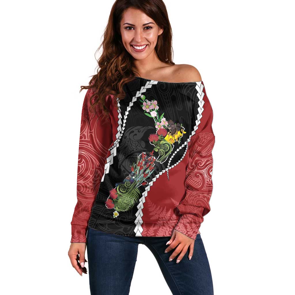 New Zealand Christmas Off Shoulder Sweater Flora Map with Birds - Polynesian Pride